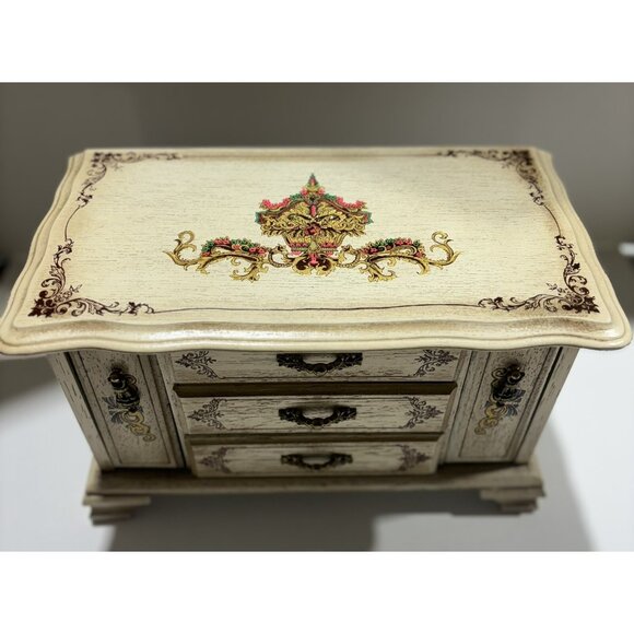 Vintage Florentine JEWELRY BOX Ivory Gold Wood 3 Drawer TOYO Japan - Picture 6 of 6